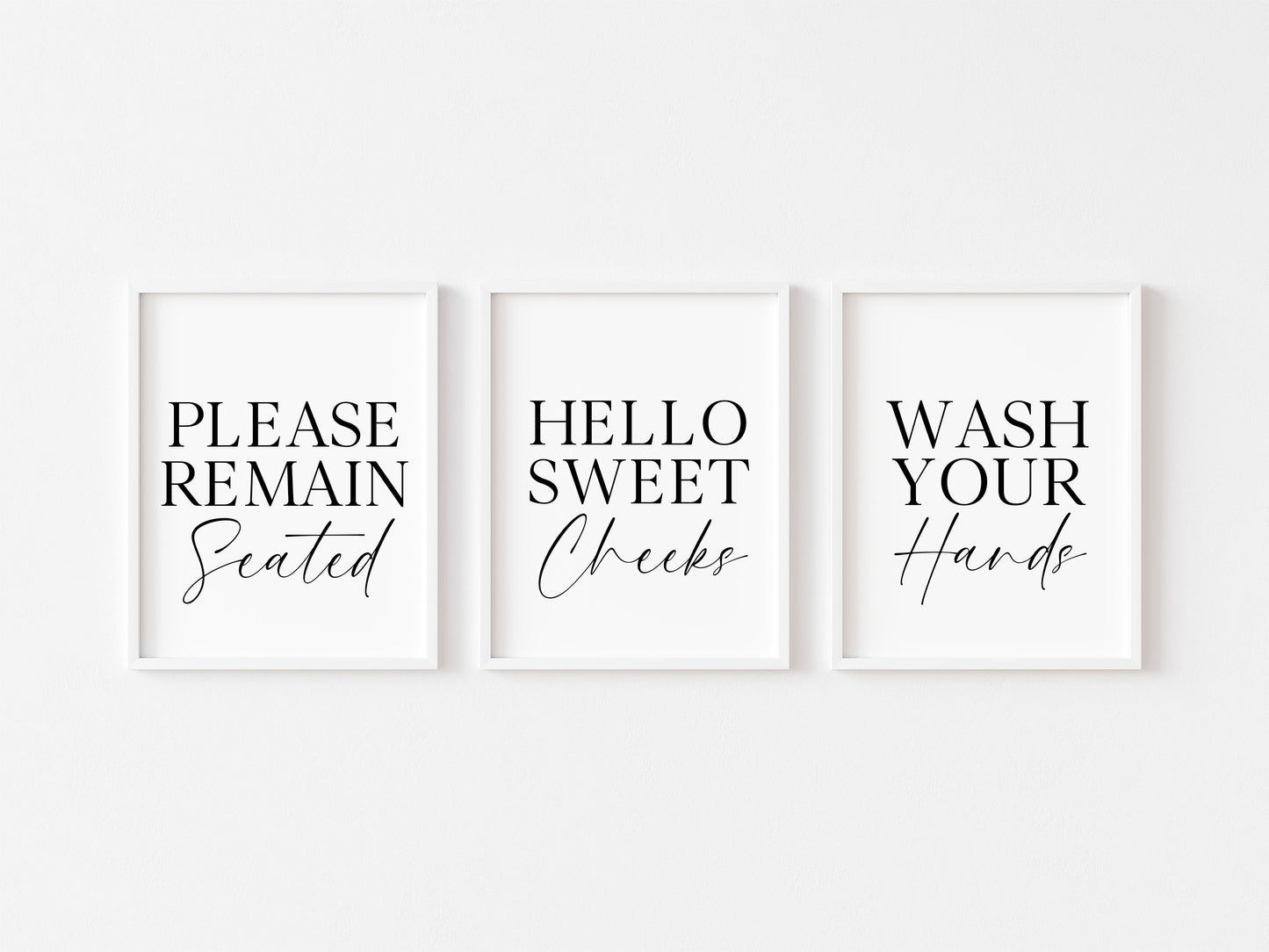 Set of 3 bathroom prints, Please remain seated hello sweet cheeks wash your hands set of bathroom signs unframed wall art bathroom prints