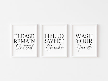 Set of 3 bathroom prints, Please remain seated hello sweet cheeks wash your hands set of bathroom signs unframed wall art bathroom prints