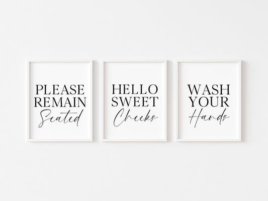Set of 3 bathroom prints, Please remain seated hello sweet cheeks wash your hands set of bathroom signs unframed wall art bathroom prints