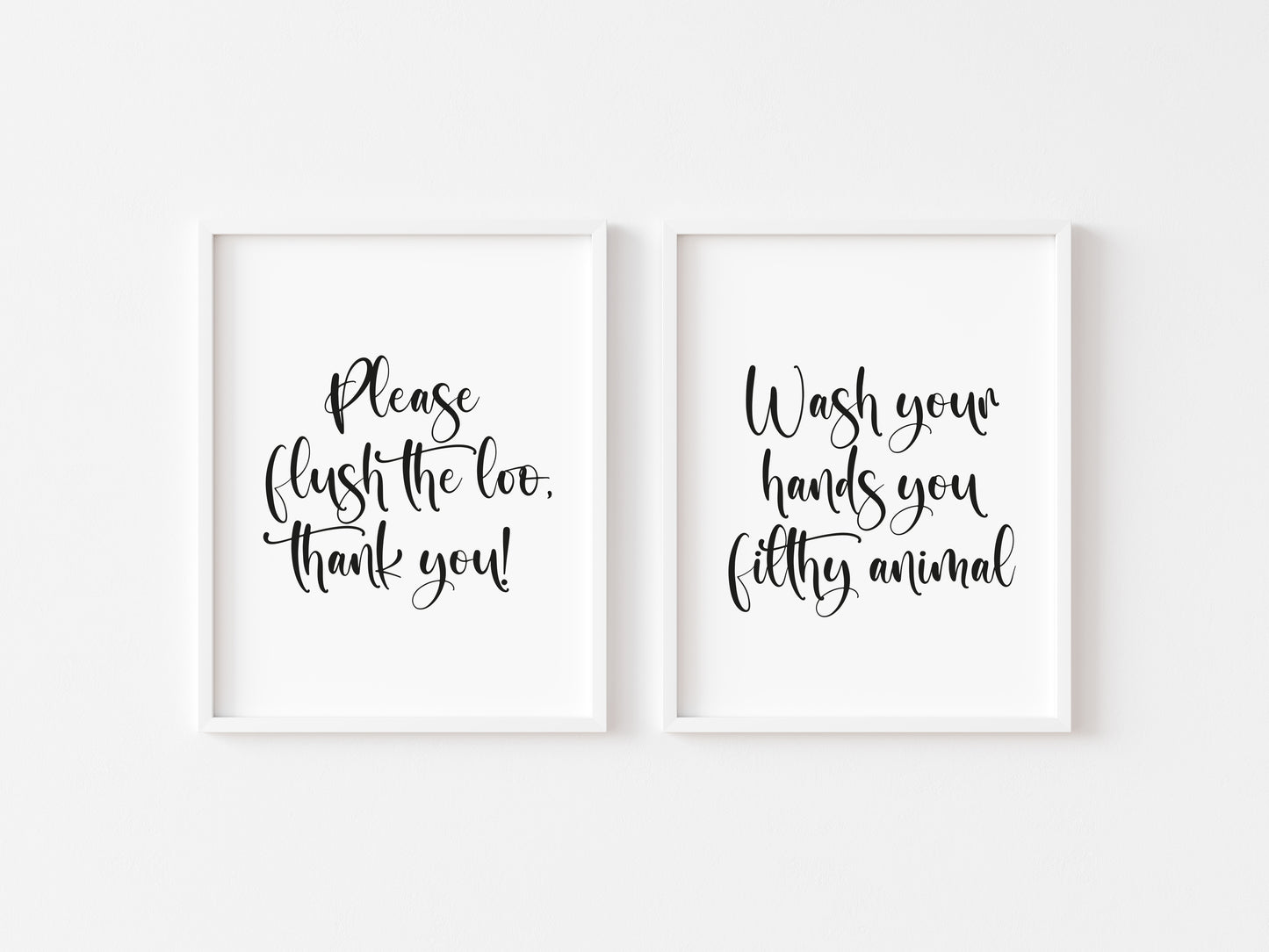 Set of 2 bathroom prints, please flush the loo thank you, wash your hands you filthy animal bathroom washroom toilet en suite unframed wall art poster prints