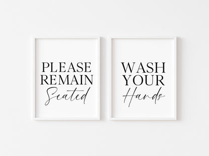 Set of 2 bathroom prints, Please remain seated, wash your hands set of bathroom unframed wall art poster prints, set of bathroom wall art