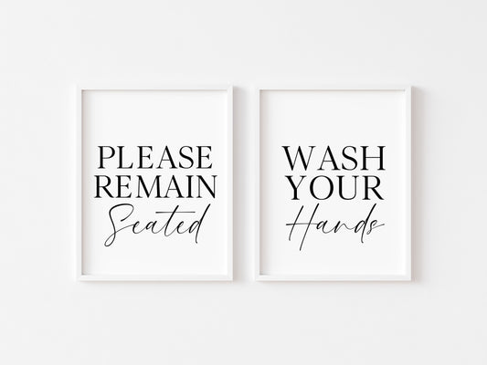 Set of 2 bathroom prints, Please remain seated, wash your hands set of bathroom unframed wall art poster prints, set of bathroom wall art