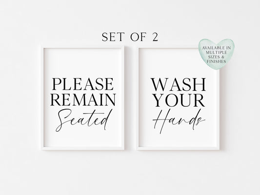 Set of 2 bathroom prints, Please remain seated, wash your hands set of bathroom unframed wall art poster prints, set of bathroom wall art