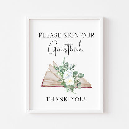 Please sign our guestbook watercolour white roses green botanical unframed wall art poster print