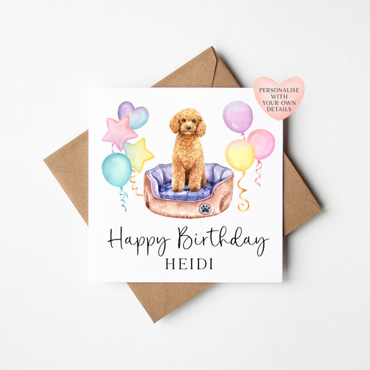 Personalised Poodle & Balloons Birthday card, custom dog golden poodle lover birthday card