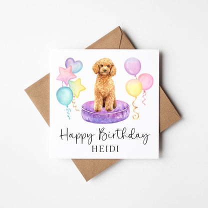 Personalised Poodle & Balloons Birthday card, custom dog golden poodle lover birthday card