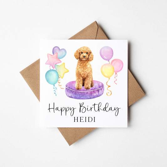 Personalised Poodle & Balloons Birthday card, custom dog golden poodle lover birthday card