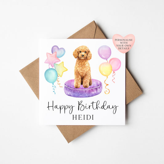 Personalised Poodle & Balloons Birthday card, custom dog golden poodle lover birthday card