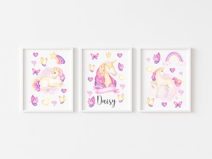 Set of 3 unicorn prints, pink purple yellow girls bedroom wall art poster prints, hearts stars crystals girls nursery bedroom decor prints
