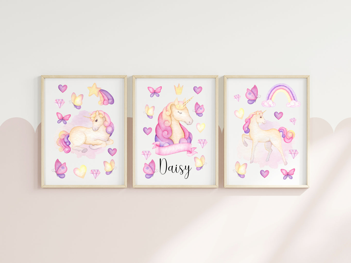 Set of 3 unicorn prints, pink purple yellow girls bedroom wall art poster prints, hearts stars crystals girls nursery bedroom decor prints