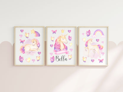 Set of 3 unicorn prints, pink purple yellow girls bedroom wall art poster prints, hearts stars crystals girls nursery bedroom decor prints