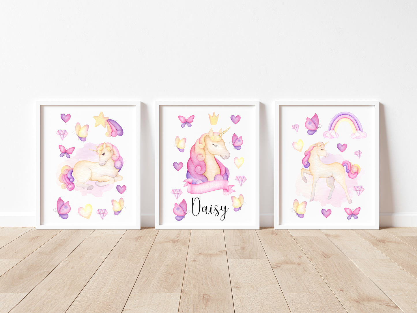 Set of 3 unicorn prints, pink purple yellow girls bedroom wall art poster prints, hearts stars crystals girls nursery bedroom decor prints