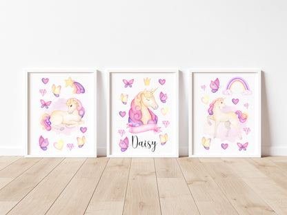 Set of 3 unicorn prints, pink purple yellow girls bedroom wall art poster prints, hearts stars crystals girls nursery bedroom decor prints