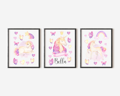 Set of 3 unicorn prints, pink purple yellow girls bedroom wall art poster prints, hearts stars crystals girls nursery bedroom decor prints