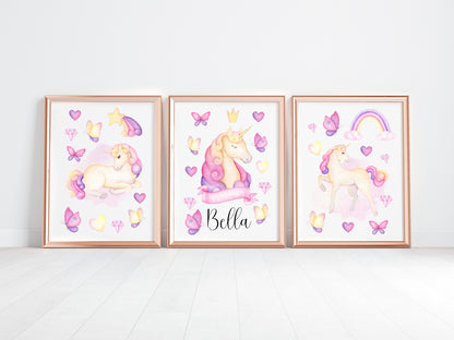 Set of 3 unicorn prints, pink purple yellow girls bedroom wall art poster prints, hearts stars crystals girls nursery bedroom decor prints