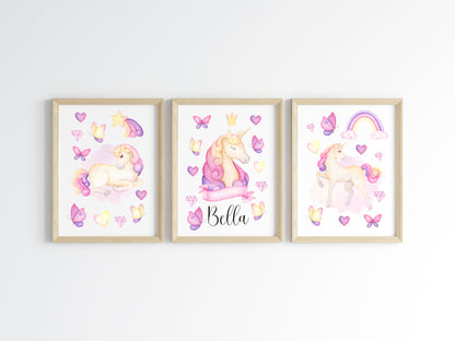 Set of 3 unicorn prints, pink purple yellow girls bedroom wall art poster prints, hearts stars crystals girls nursery bedroom decor prints