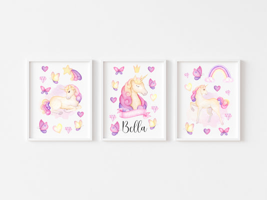 Set of 3 unicorn prints, pink purple yellow girls bedroom wall art poster prints, hearts stars crystals girls nursery bedroom decor prints