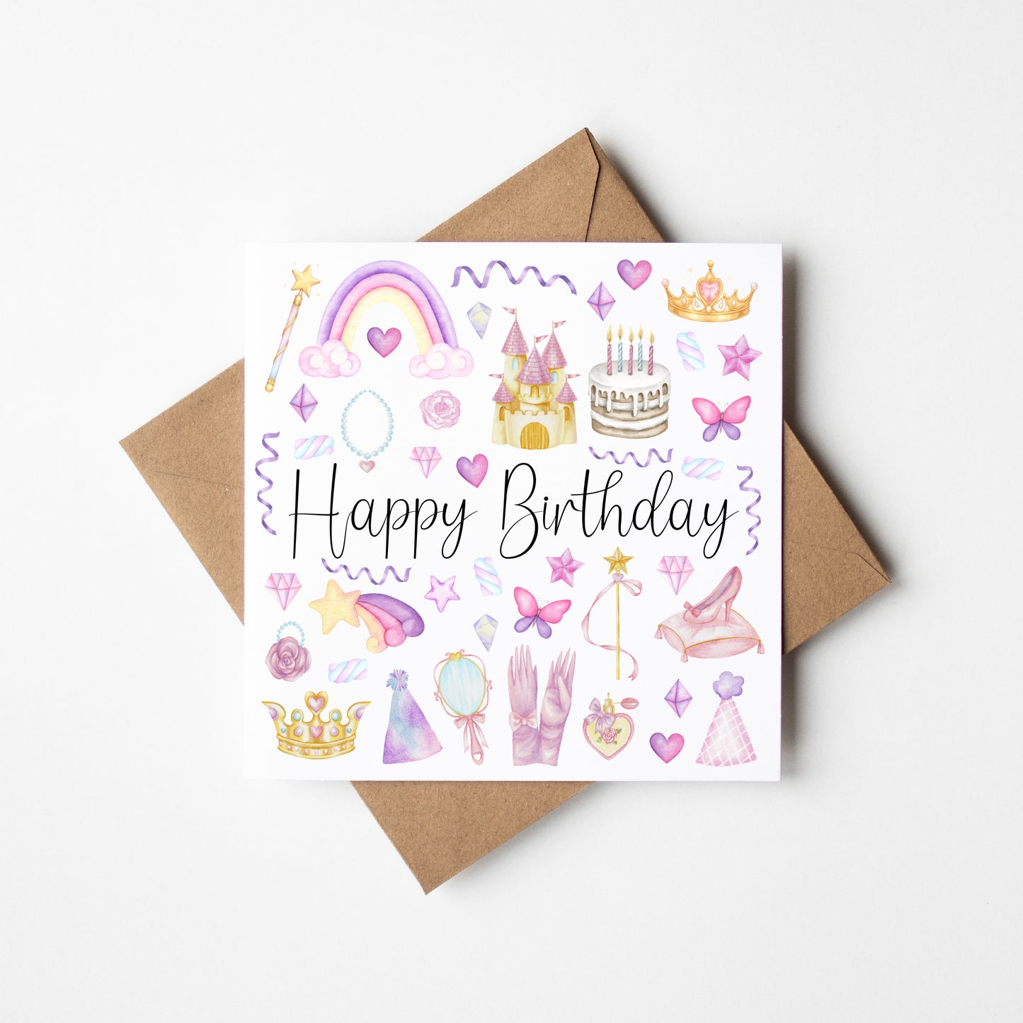 Princess girls Birthday Card Watercolour Design with Kraft Envelope
