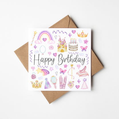 Princess girls Birthday Card Watercolour Design with Kraft Envelope