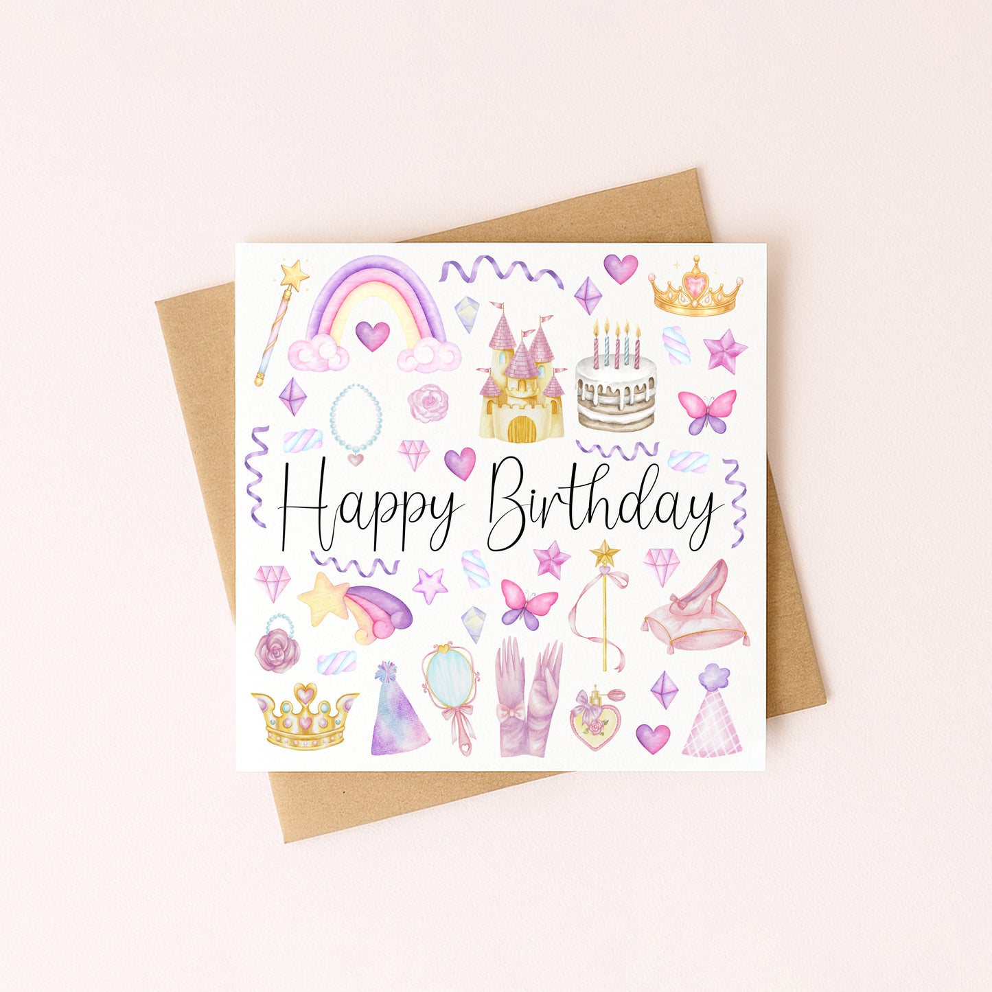 Princess girls Birthday Card Watercolour Design with Kraft Envelope