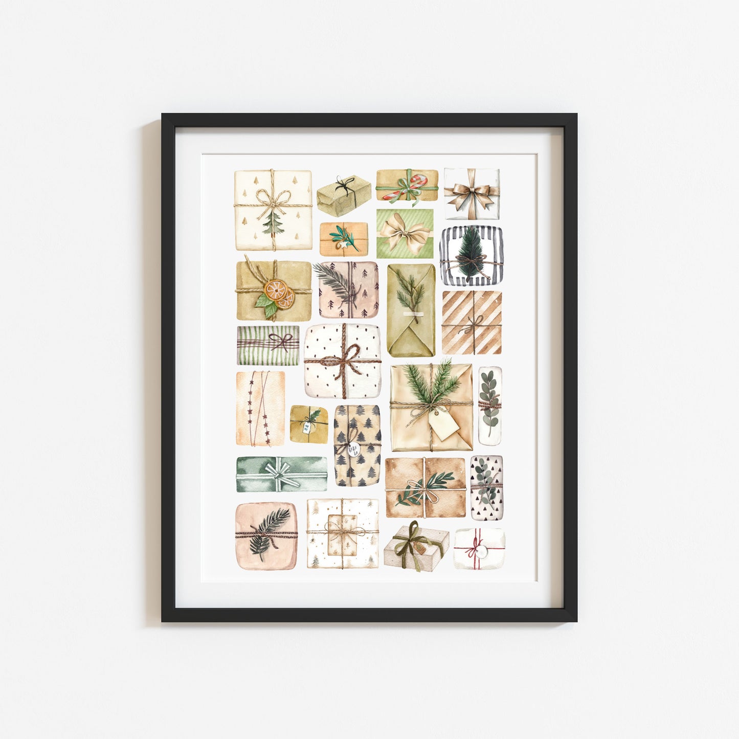 Christmas Presents Watercolour Art Print mood board style Holiday Decor (unframed)