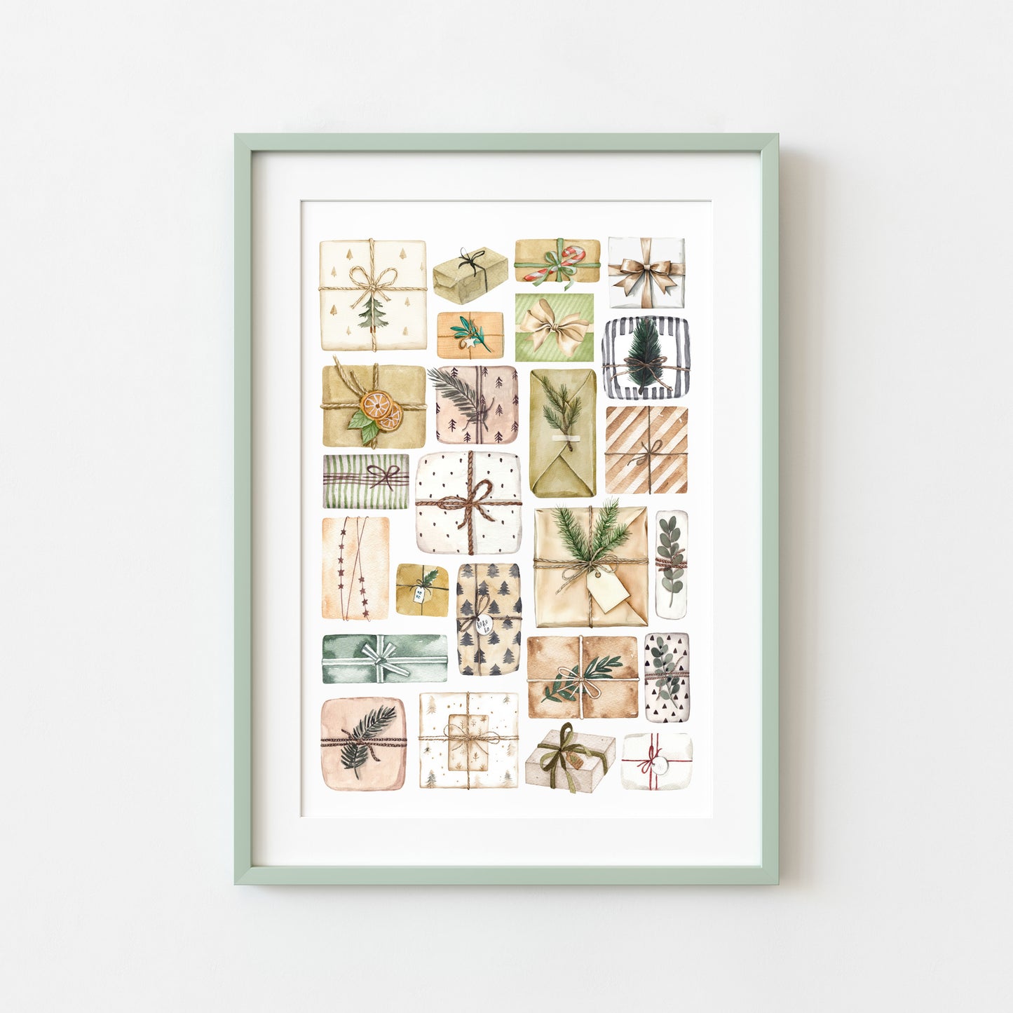 Christmas Presents Watercolour Art Print mood board style Holiday Decor (unframed)