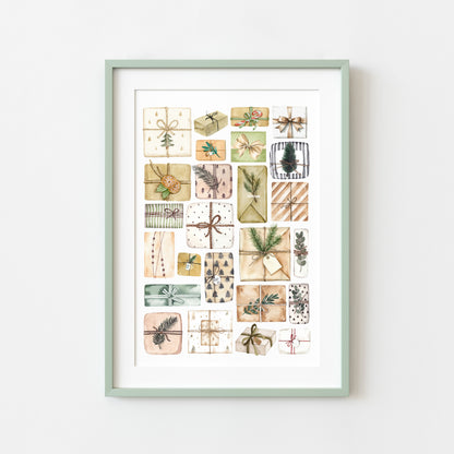 Christmas Presents Watercolour Art Print mood board style Holiday Decor (unframed)
