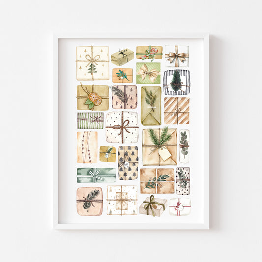 Christmas Presents Watercolour Art Print mood board style Holiday Decor (unframed)
