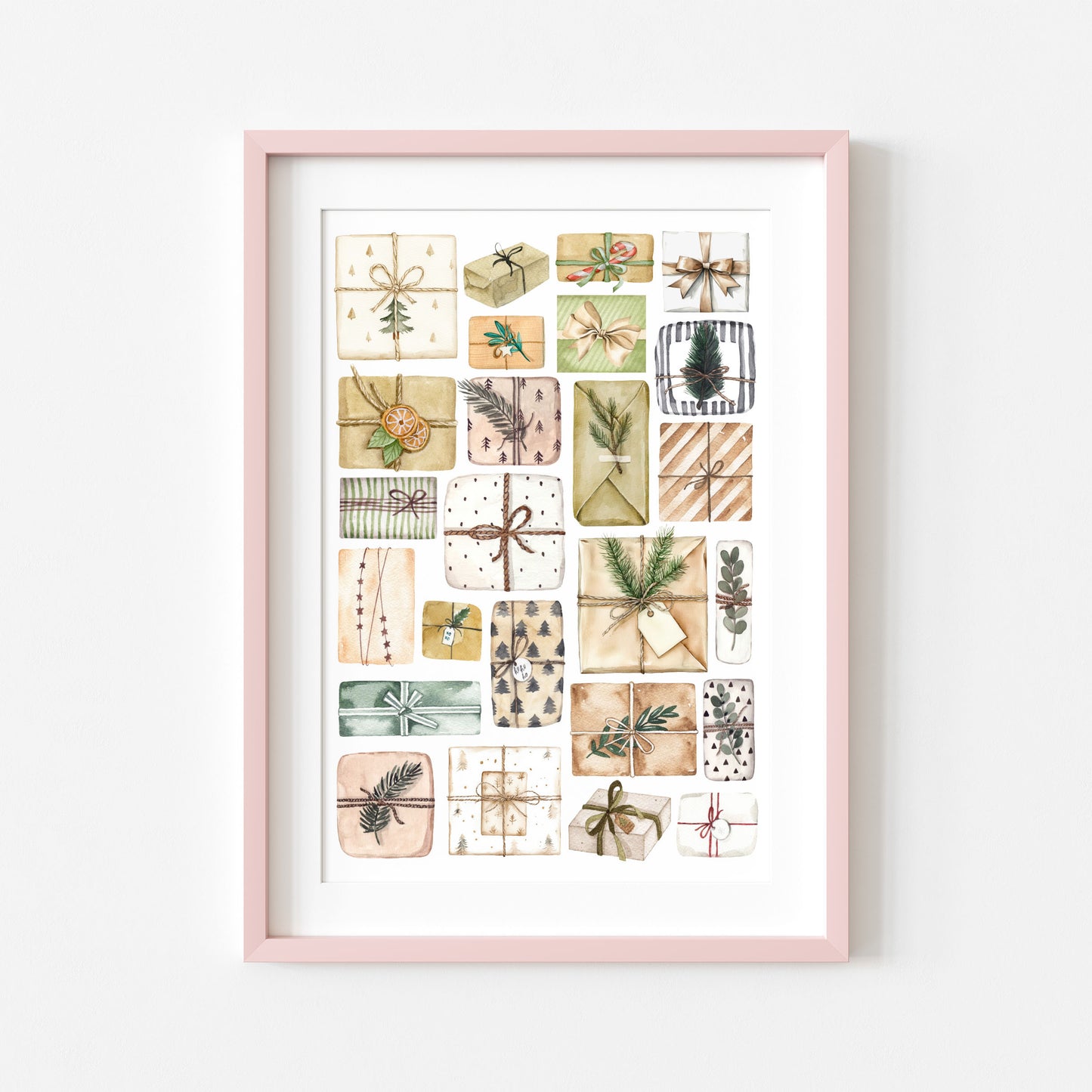 Christmas Presents Watercolour Art Print mood board style Holiday Decor (unframed)