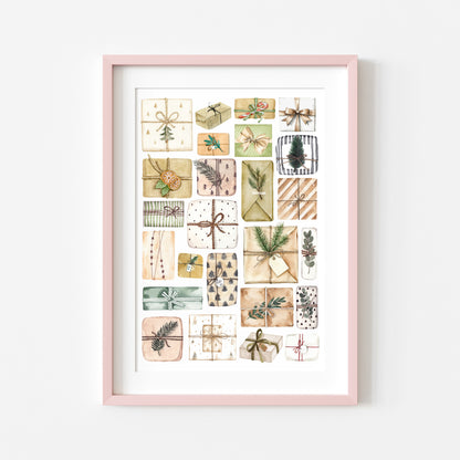 Christmas Presents Watercolour Art Print mood board style Holiday Decor (unframed)