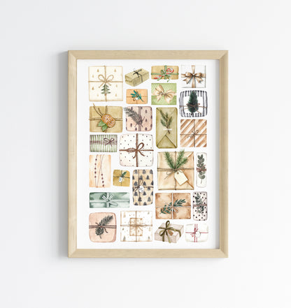 Christmas Presents Watercolour Art Print mood board style Holiday Decor (unframed)