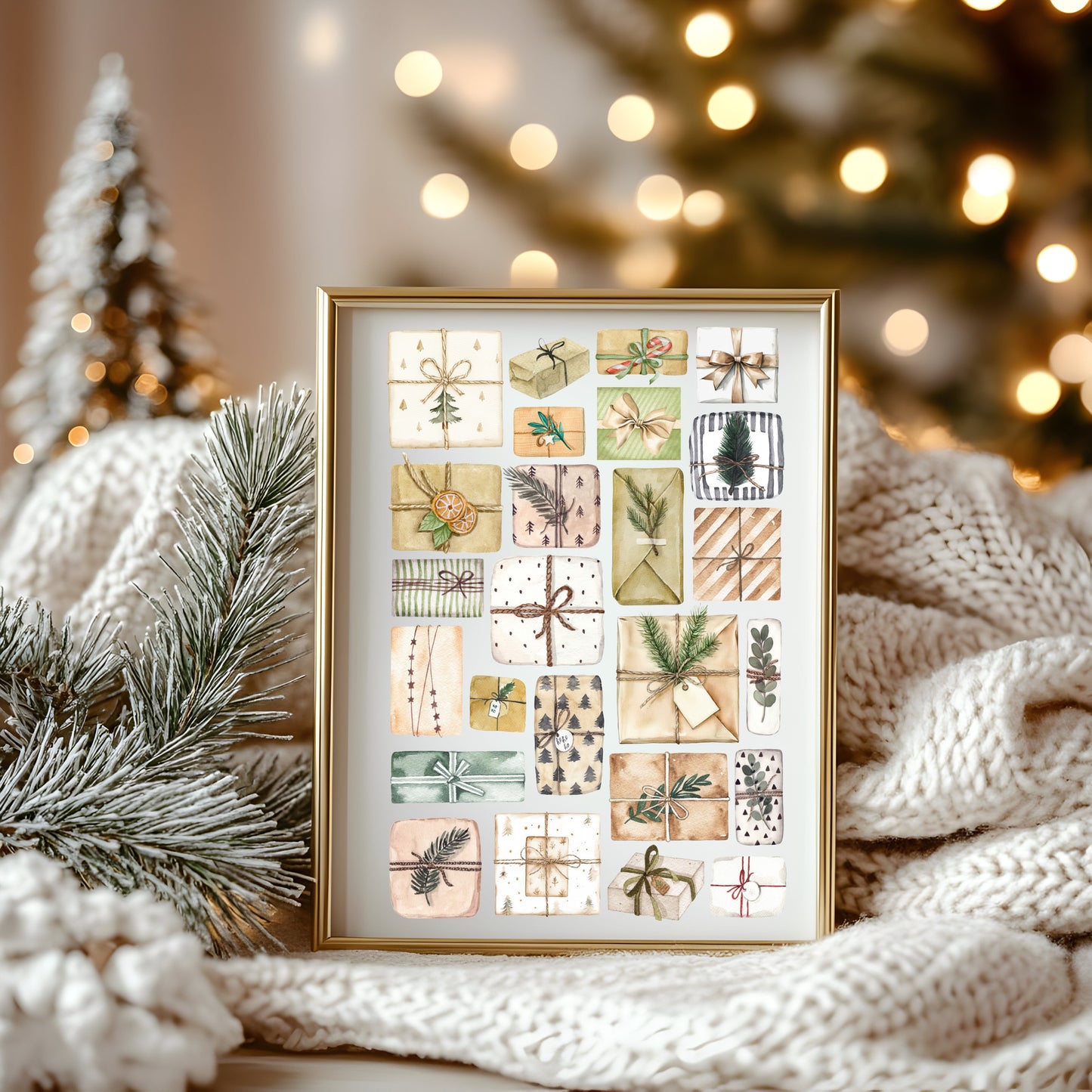 Christmas Presents Watercolour Art Print mood board style Holiday Decor (unframed)