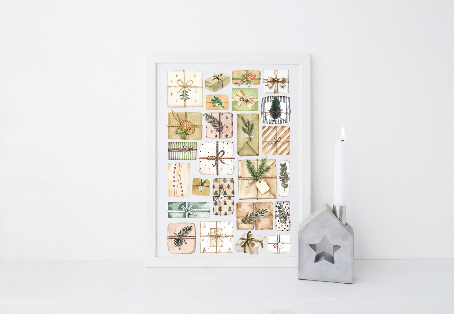 Christmas Presents Watercolour Art Print mood board style Holiday Decor (unframed)
