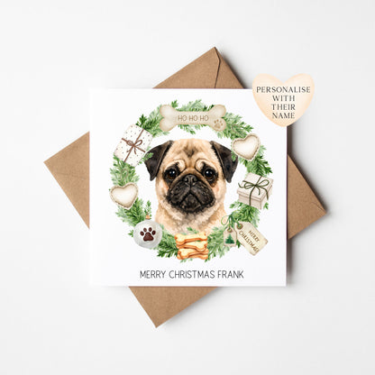 Personalised Dog Christmas card, Pug custom pet name xmas card with envelope