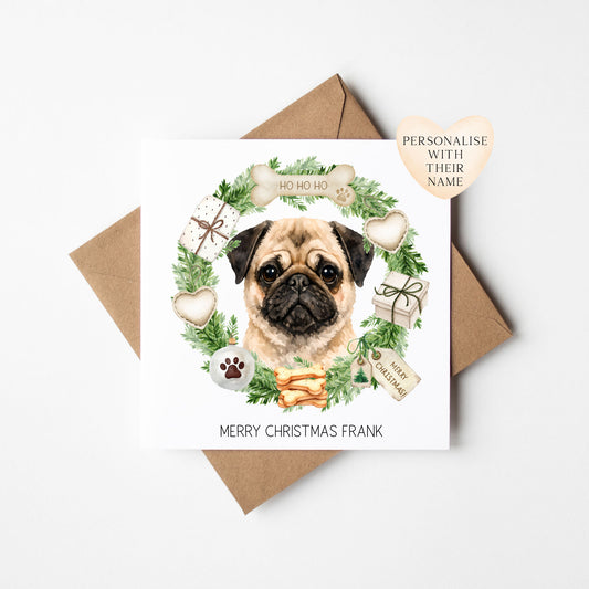 Personalised Dog Christmas card, Pug custom pet name xmas card with envelope