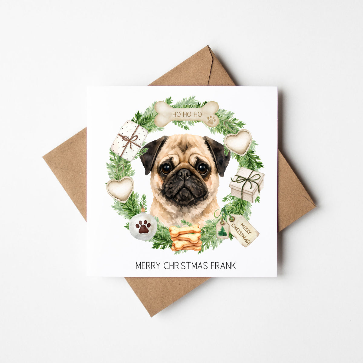 Personalised Dog Christmas card, Pug custom pet name xmas card with envelope