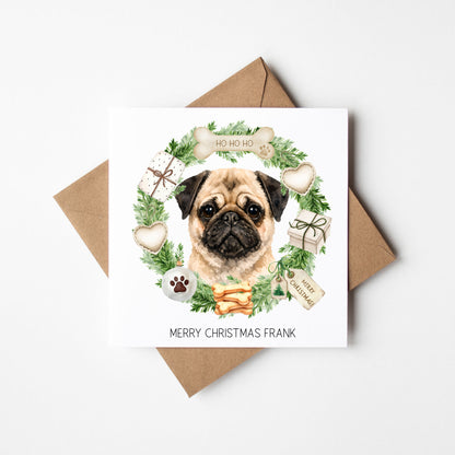 Personalised Dog Christmas card, Pug custom pet name xmas card with envelope