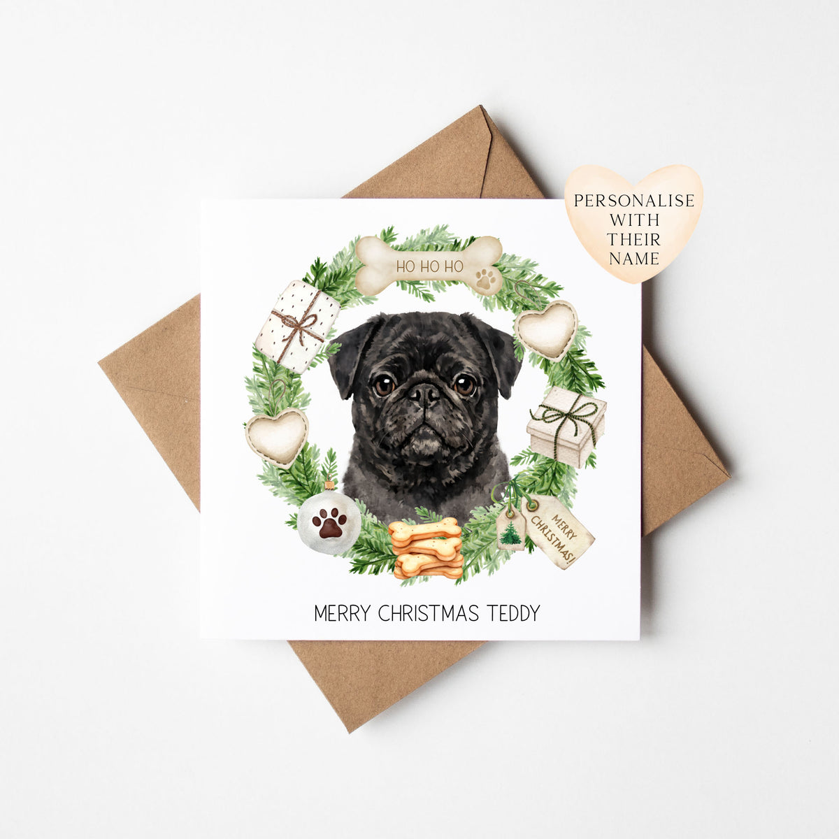 Personalised Dog Christmas card, Pug custom pet name xmas card with envelope