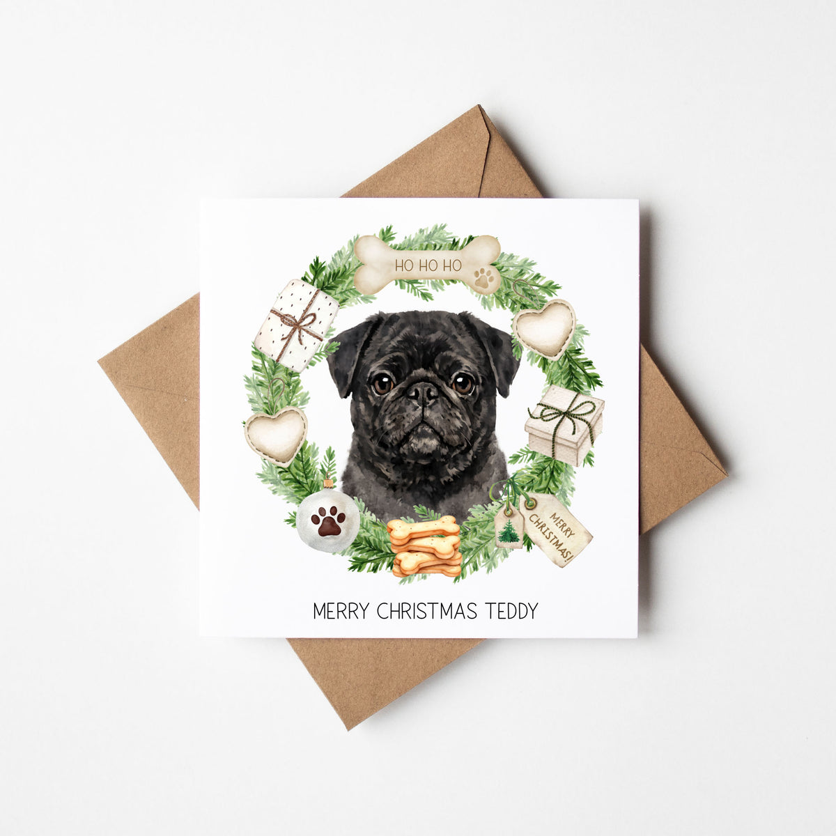 Personalised Dog Christmas card, Pug custom pet name xmas card with envelope