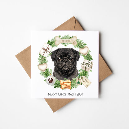 Personalised Dog Christmas card, Pug custom pet name xmas card with envelope