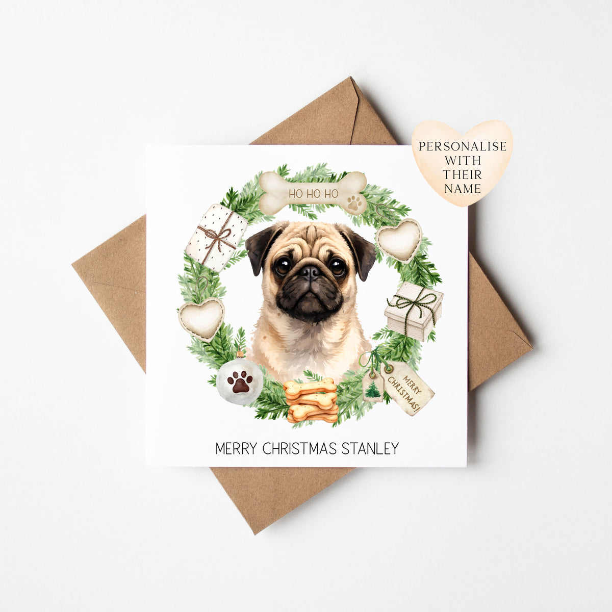 Personalised Dog Christmas card, Pug custom pet name xmas card with envelope