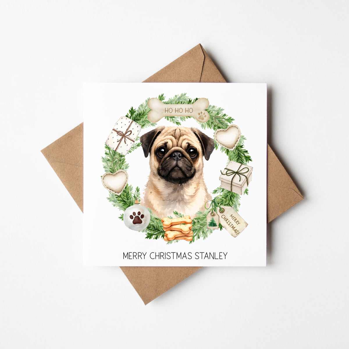 Personalised Dog Christmas card, Pug custom pet name xmas card with envelope