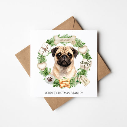 Personalised Dog Christmas card, Pug custom pet name xmas card with envelope