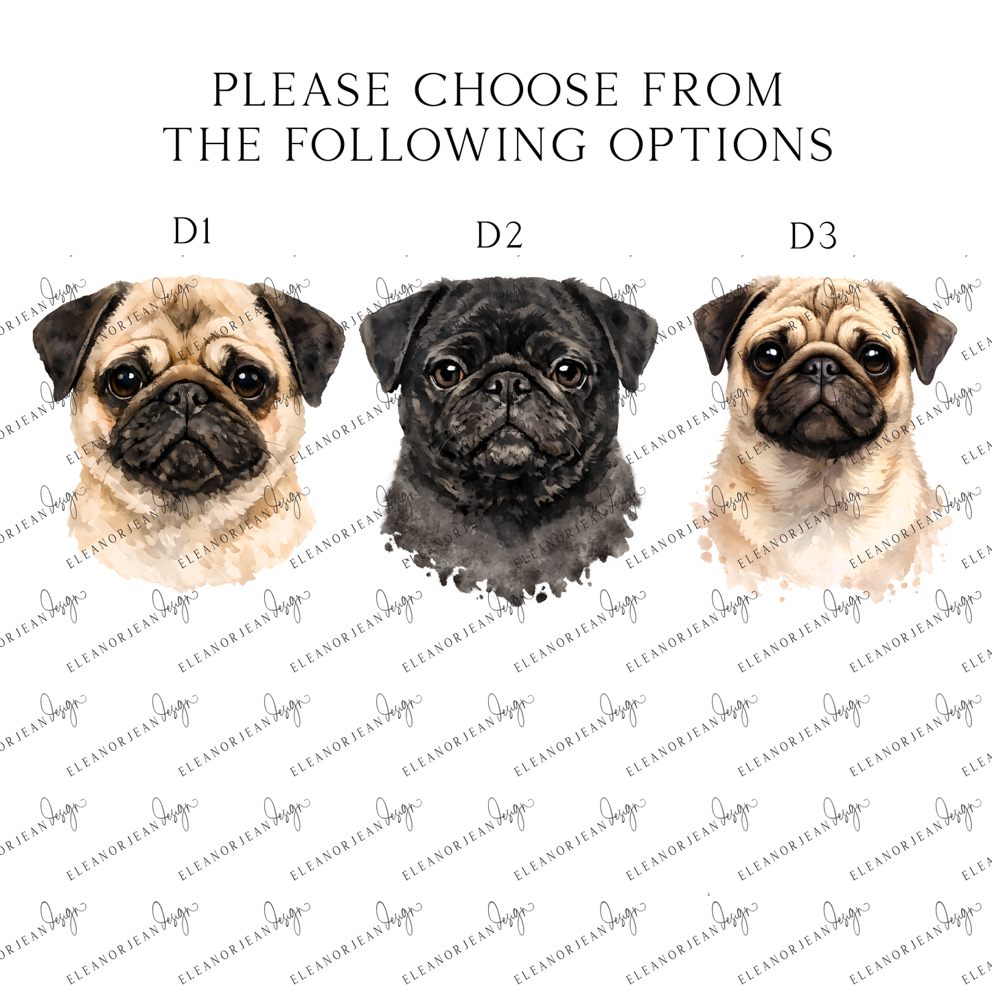 Personalised Pug Print Custom Name Pet portrait - 3 colours, unframed wall art