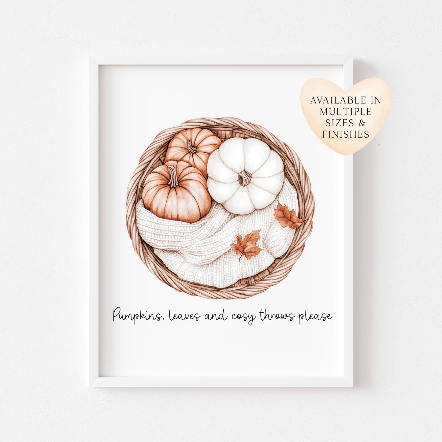 Pumpkins leaves & cosy throws please beige neutral cosy autumn watercolour unframed wall art poster print