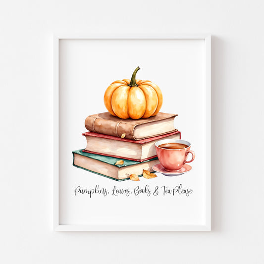 Autumn Tea Pumpkins & Books Print Cosy Fall Home Decor Wall Art (unframed)