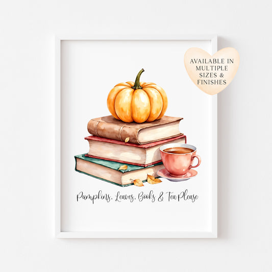 Autumn Tea Pumpkins & Books Print Cosy Fall Home Decor Wall Art (unframed)