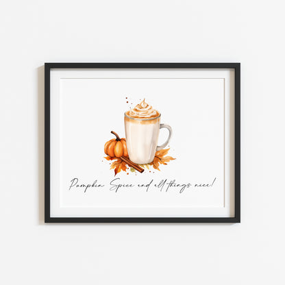 Pumpkin spice and all things nice landscape pumpkin latte watercolour illustration unframed wall art poster print