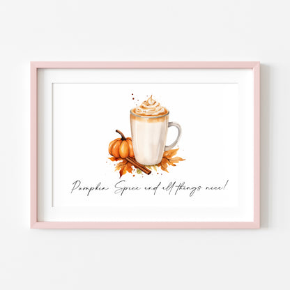 Pumpkin spice and all things nice landscape pumpkin latte watercolour illustration unframed wall art poster print