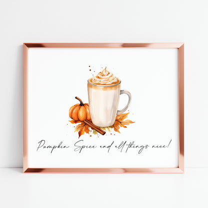 Pumpkin spice and all things nice landscape pumpkin latte watercolour illustration unframed wall art poster print